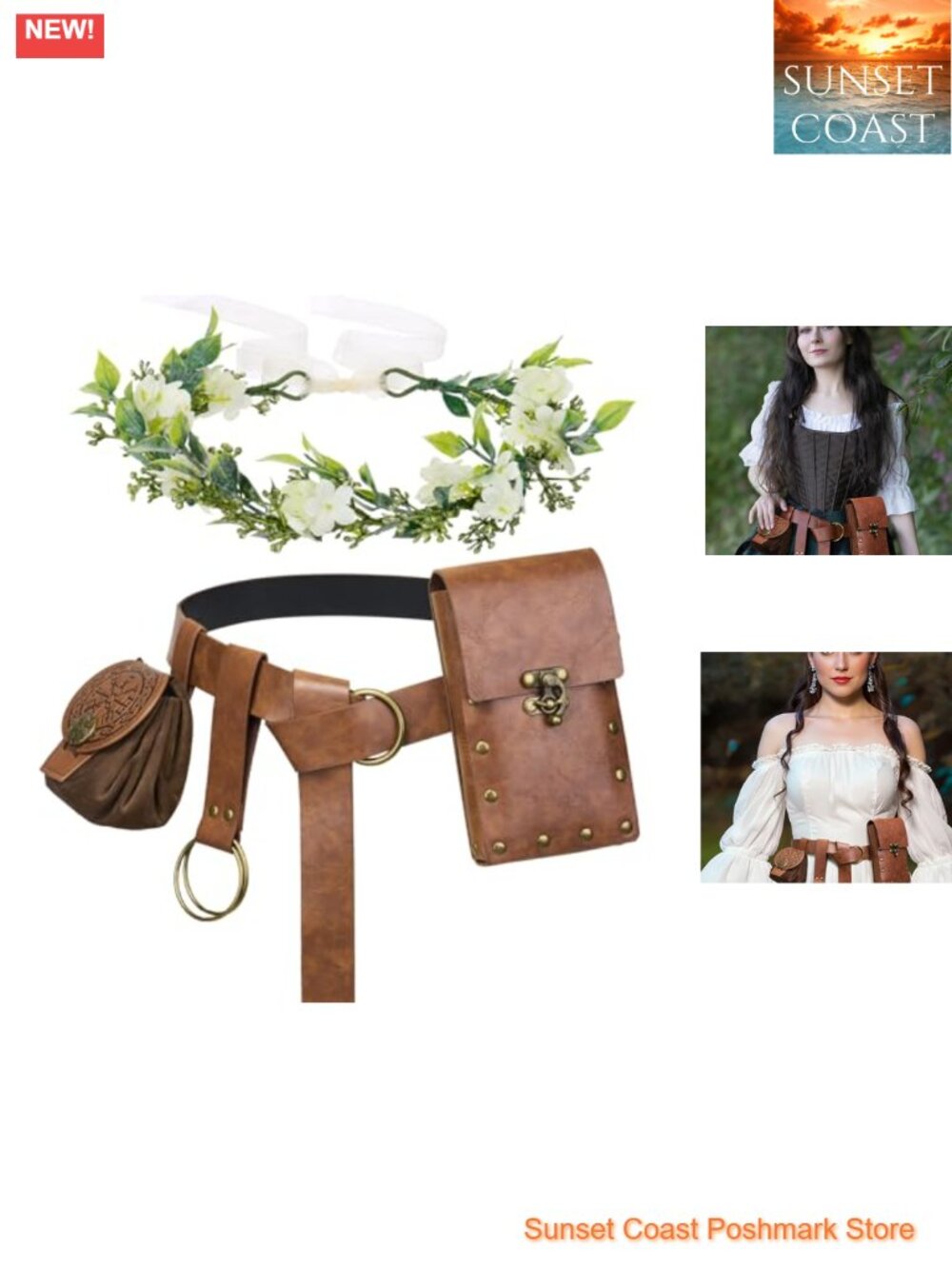 Renaissance Leather Belt O-Ring Tie Knot Set with Pouch Coin Purse
